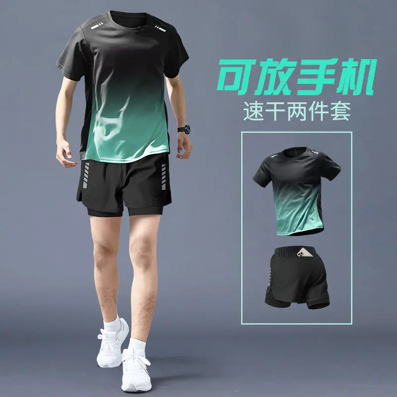 Gear In Cycling - メンズプロランニングセット - 速乾性ジムトップス＆ボトムス、サマーショーツ＆スプリングタイツ、マラソンサイクリングトレーニングギア、新しいスポーツウェア